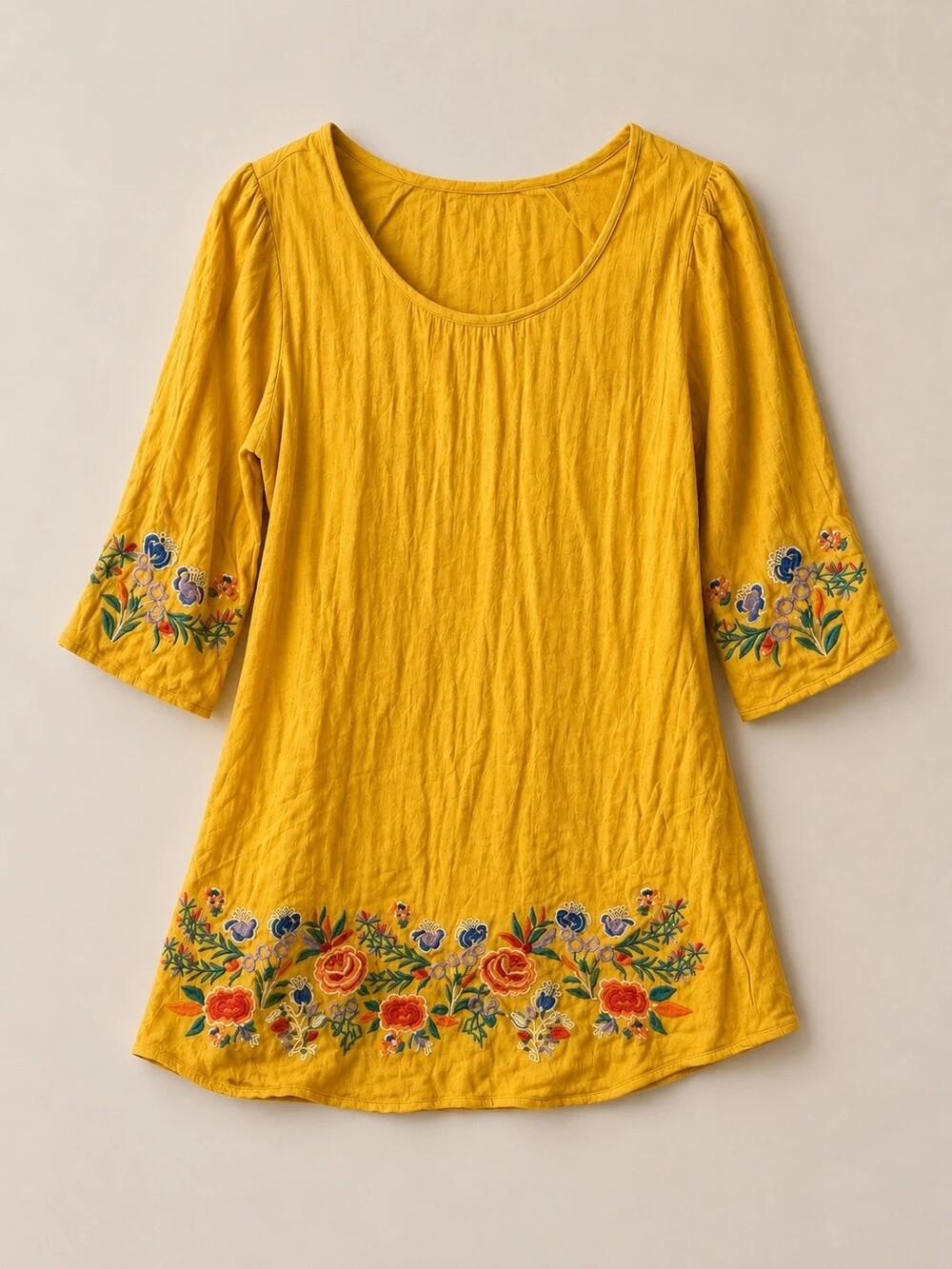 Umgee Women’s Size Small Mustard Yellow Embroidered Floral 3/4 Sleeve Tunic Top